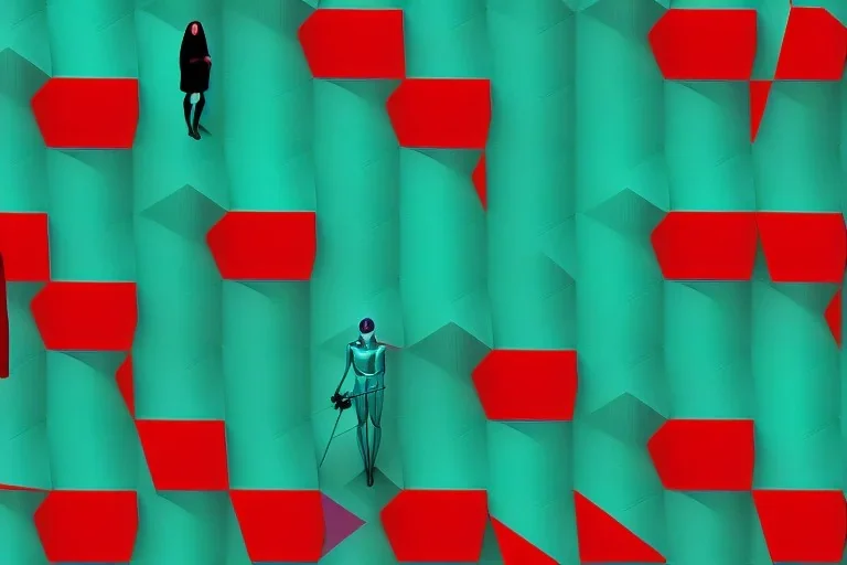 Dark green to cyan body color. Girls with slim body. Using old-fashioned camera. Cyber-punk. Surrealistic, no eyes. Red and blue mathematical 3D-tiling. Escher tiling background. Oppressive atmosphere. Soviet propaganda. Partly symmetrical in relation man. Perfect golden ratio in vertical and horizontal directions. Deep blue geometrical hexagon in 11th dimension. Tessellation in 6-dimensional space.