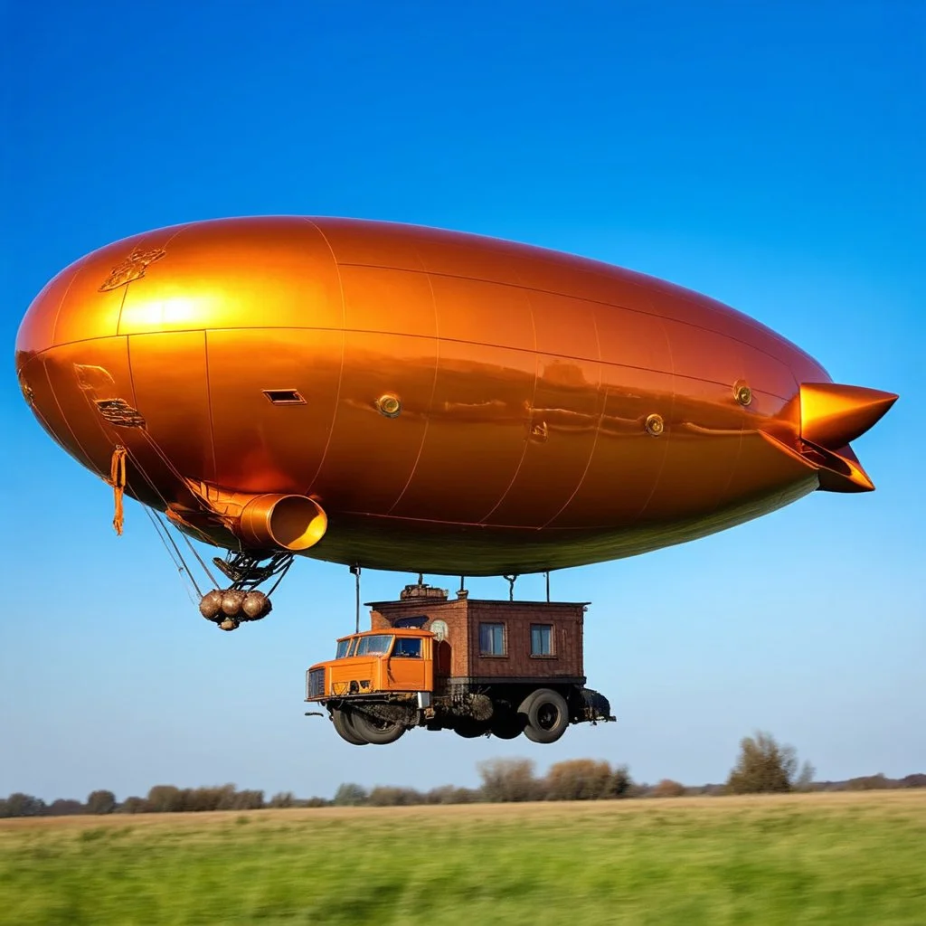 award winning photograph of a steampunk house-fly ufo dirigible designed by only one vehicle per image painted metallic orange traveling at a high rate of speed, jet intake off of front center of vehicle and jet exhaust out the rear bilaterally symetrical,