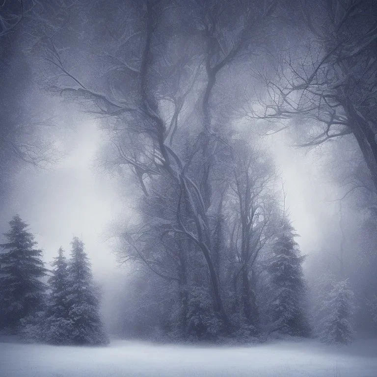 lost in the woods, winter landscape, ice field, crystals, surreal, dreamlike, foggy