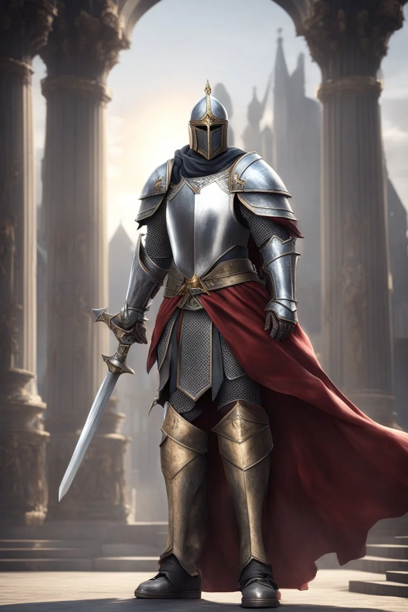 photorealistic holy knight paladin wearing a cape wielding a greatsword temple in the background