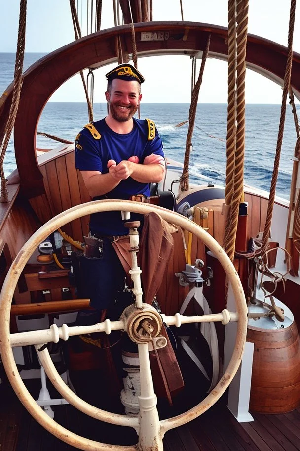 a cheerful sailor sitting on rum barrels aboard a sailing ship at sea, with the ship's steering wheel in the background