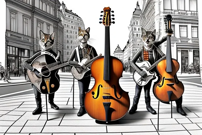 Group mature cats musicians, one guitar, one drums, singing, street, Vienna, smiling, sunny day, model style, hyper realistic, extremely accurate, delicate, extremely detailed, Graphic novel style, wide-angle, open aperture, superfine pencil