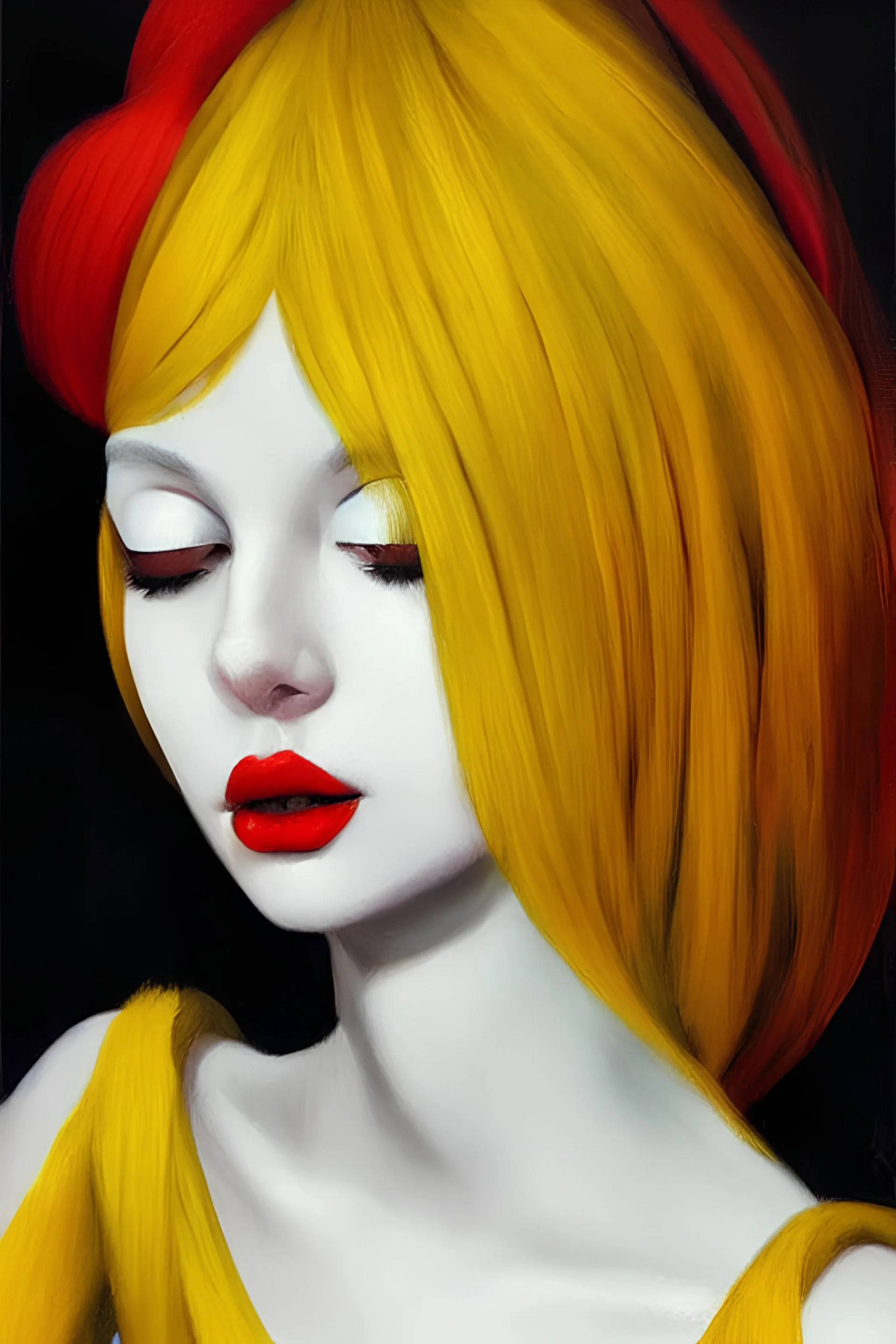 George Corominas style pierrot woman yellow hair red dress oil brush artgerm