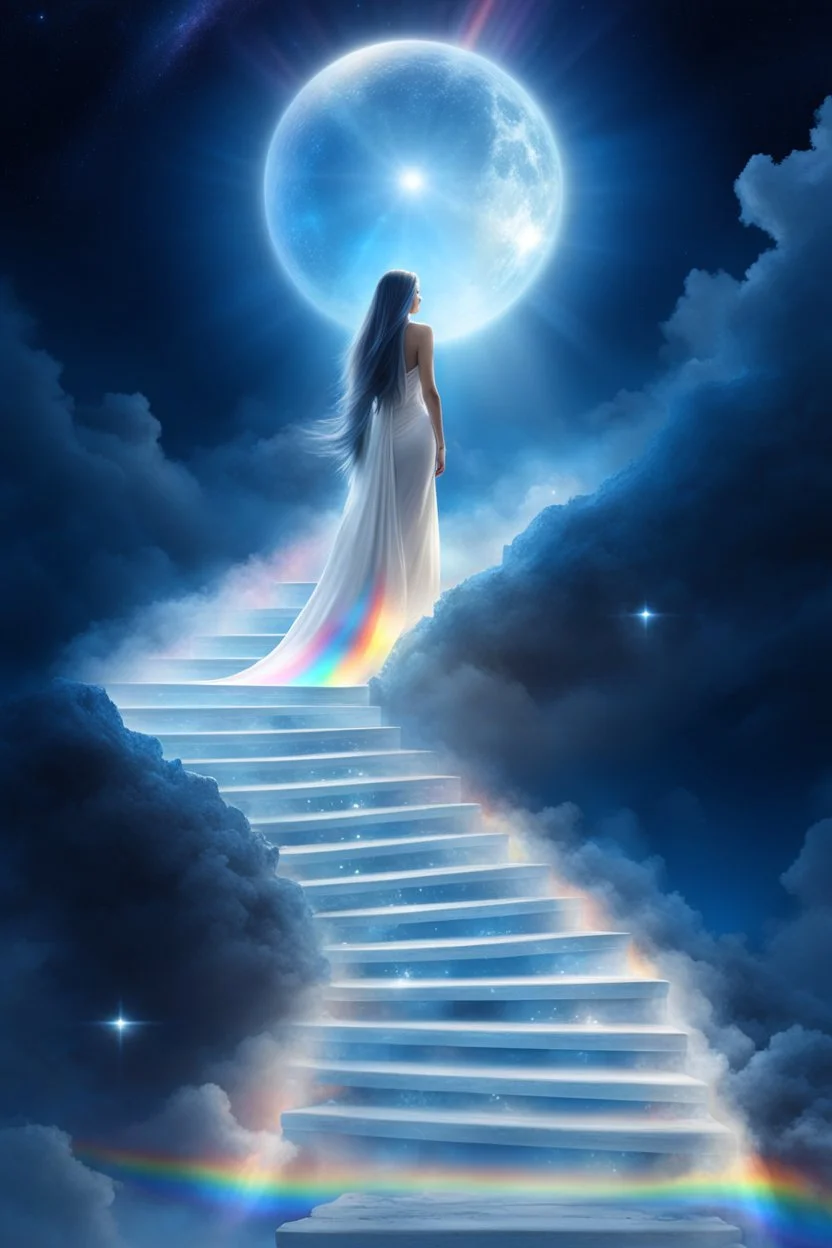 fantastic,Beautiful woman, stairway to heaven whit rainbow, ufos arc en ciel futuriste très beau