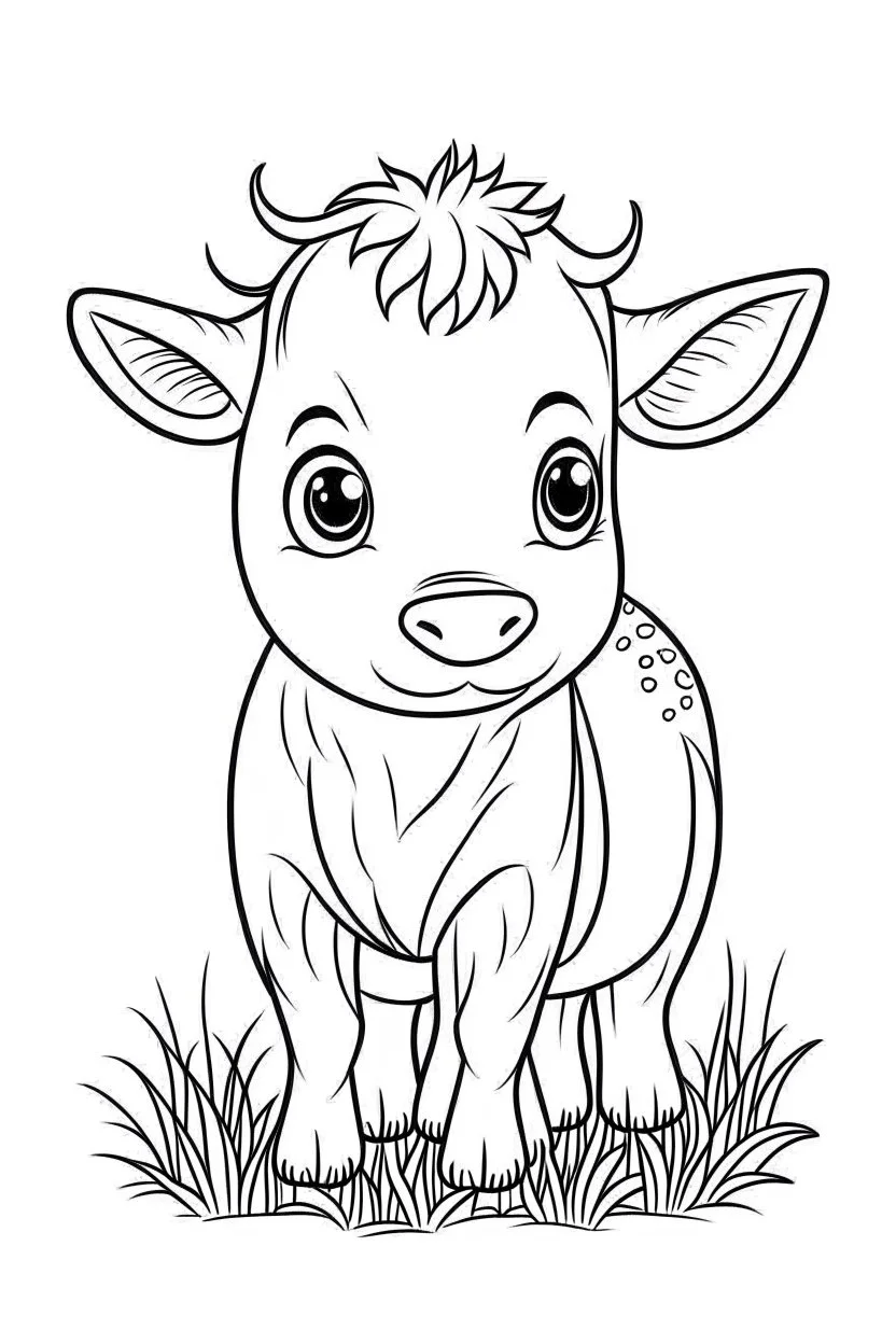 cute coloring page, sketch style, cute baby cow in the farm, cute cartoon, white and black, withe background, no shadows, outline.