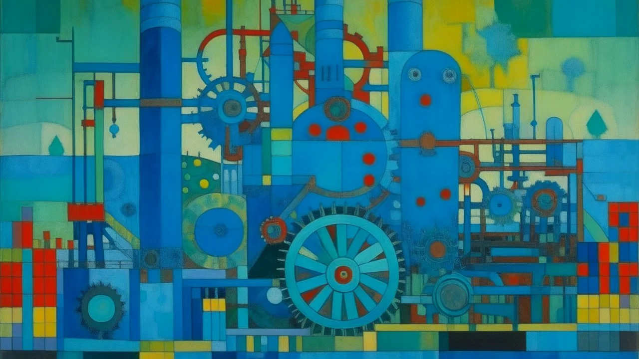 A cyan electrical factory with gears painted by Wassily Kandinsky