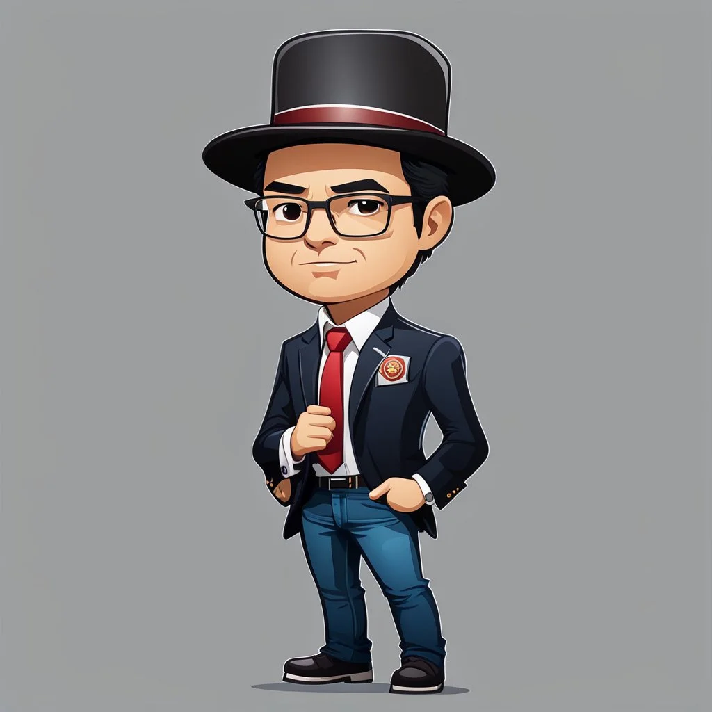 Vectores imágen of Gustavo Petro serious with hat, jeans and shirt no lentes speaking in a speech full body chibi