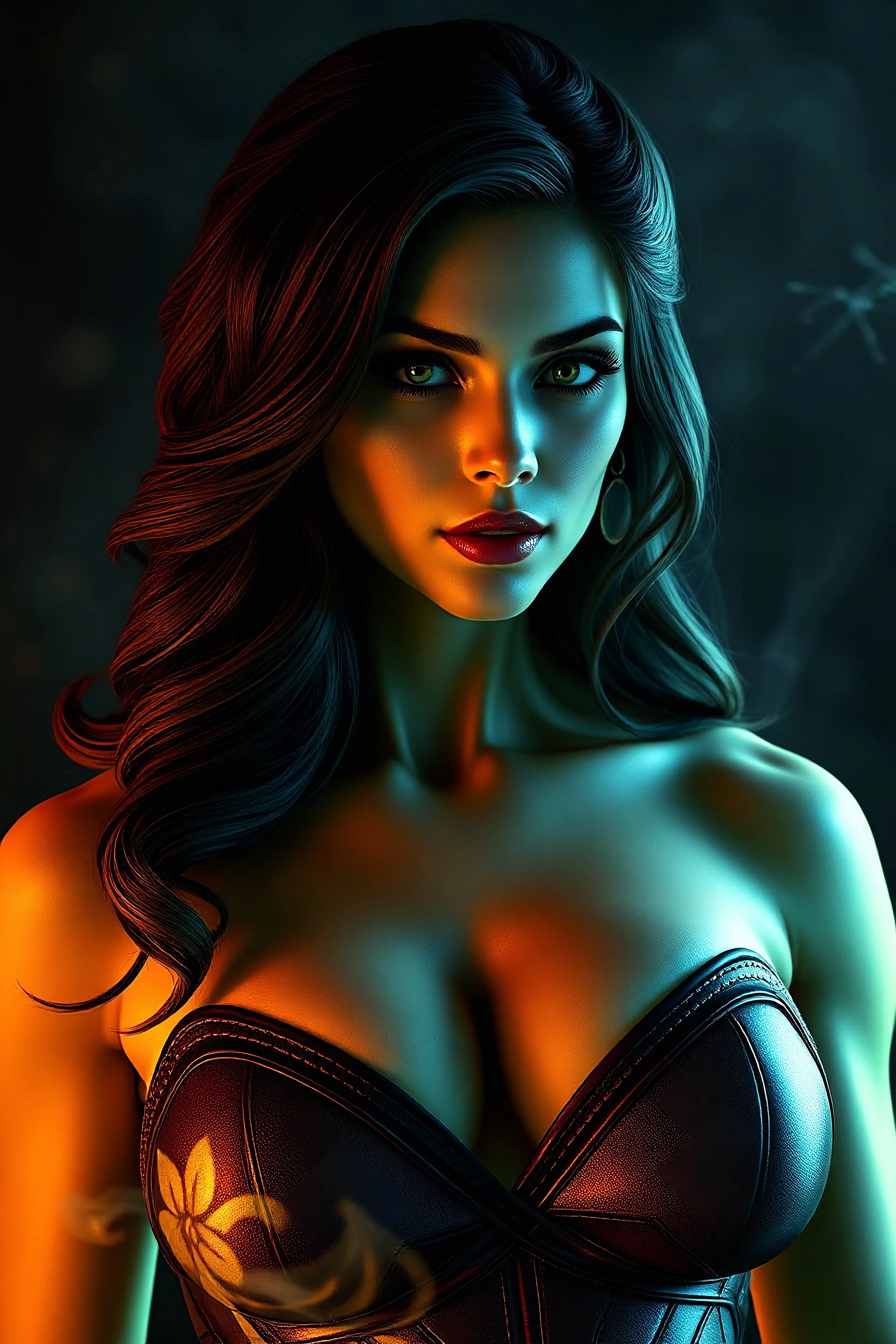 She-hulk, beautiful AI woman, busty, hyper realism, dark background with illuminated smoke