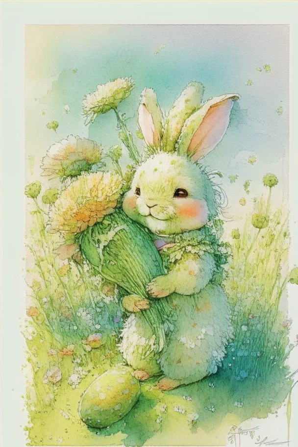 a cheerful cute furry fluffy chibi bunny holding a beautiful big carrot with the green on the green field with flowers S<AI by Jean-Baptiste Monge, watercolor and ink, intricate details, fantasy, beautiful, award winning, colorful, fantastic view, crisp quality, in sunshine