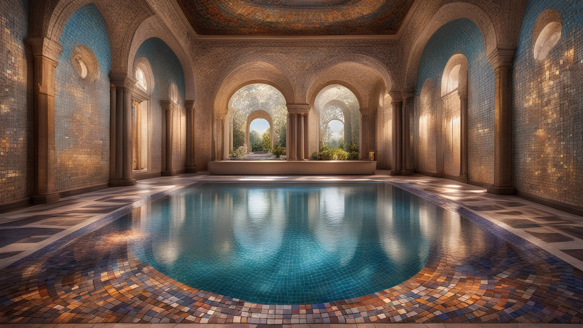 Superb pictorial multicoloured mosaic floor, tapestry-lined walls, swimming pool, water feature, relaxation, luxury, dream world, calm beauty, symmetry, fantasy world, magic, beautiful composition, exquisite detail, 135mm lens, adjust perspective, chiaroscuro, dynamic lighting