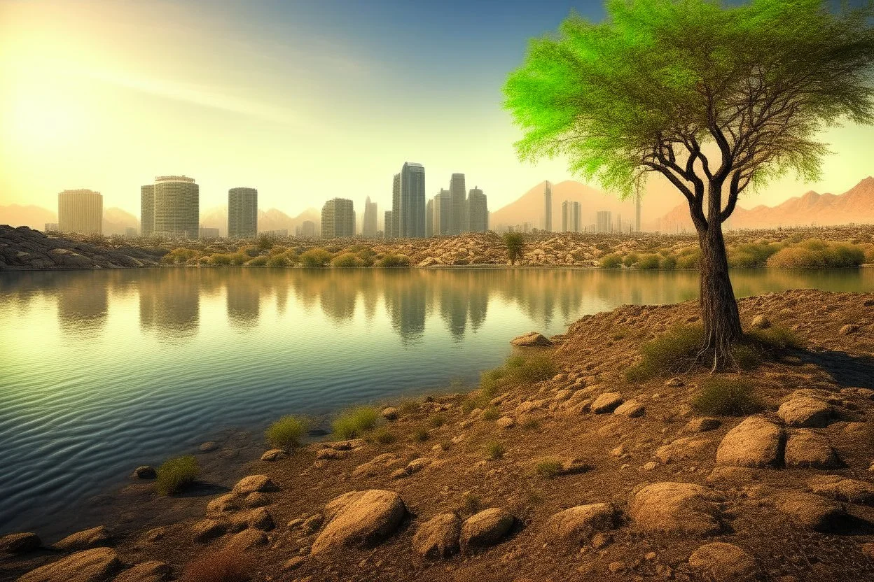 lagoon, rocks, distant mountains, arid land, dry trees, distant modern contemporary city, epic.