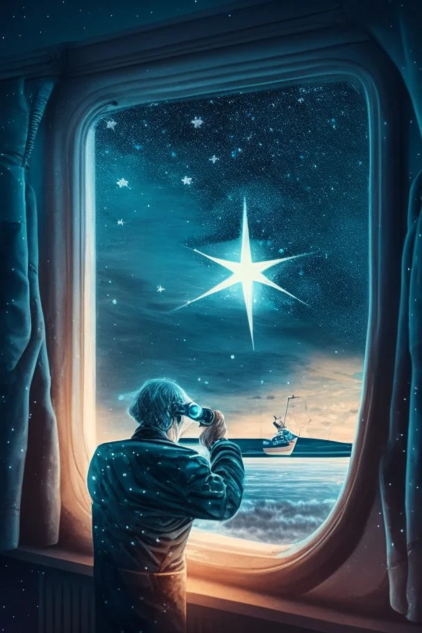 doctor cutting binoculars off patient , with background star field seen in the window of a boat, 4 k, trending art, depth of field