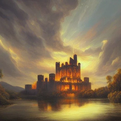 Retrato de um enorme castelo perto de um rio, pintura à óleo, simétrico, arquitetura, medieval, pegando fogo, superrealista, cores escuras, HD, 4K