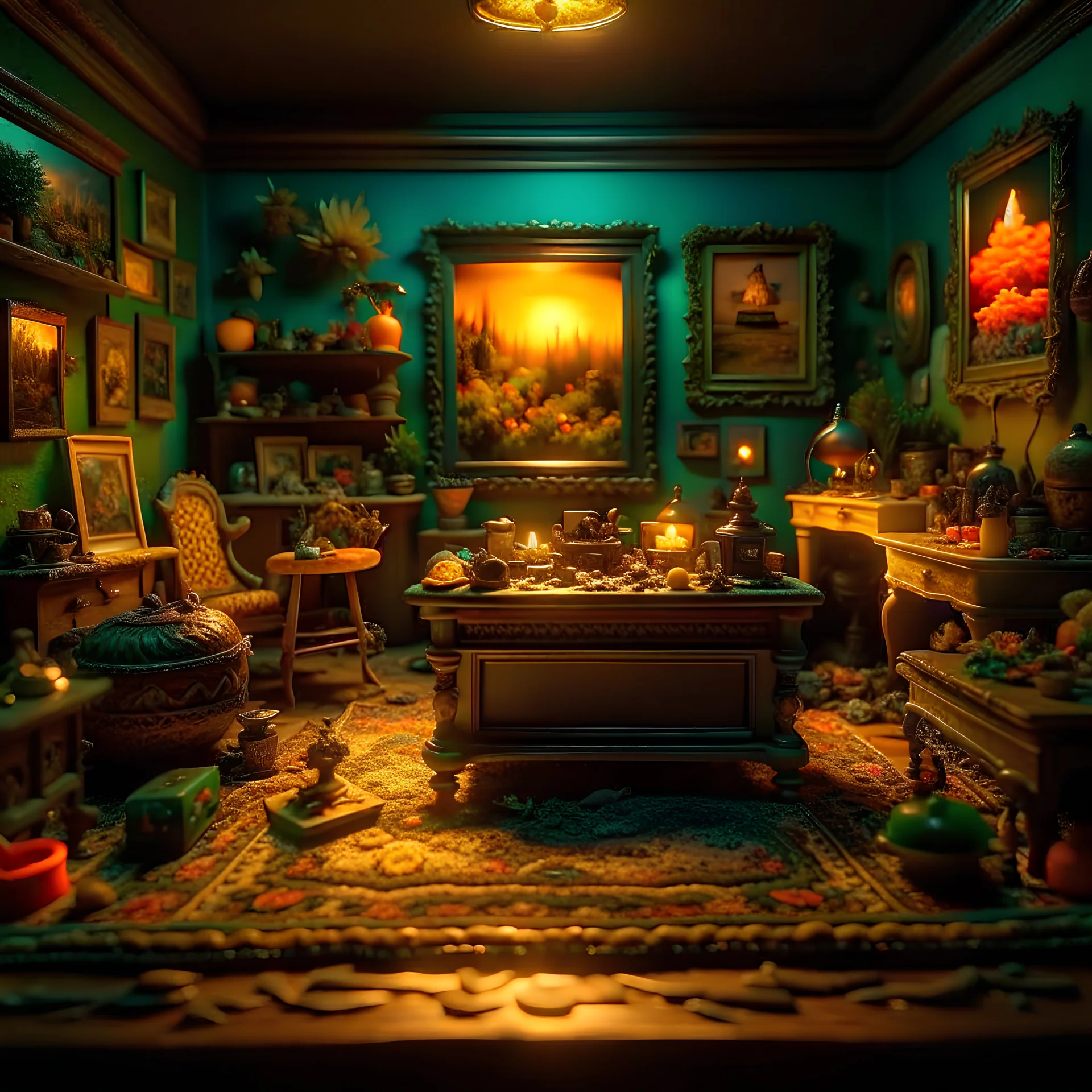 Diorama of old stuff in a room, sharp focus, 8k, 3d, very detailed, volumetric light, grim, fine art, very colorful, ornate, 35mm, F/2.8, insanely detailed and intricate, hypermaximalist, super detailed, decadent