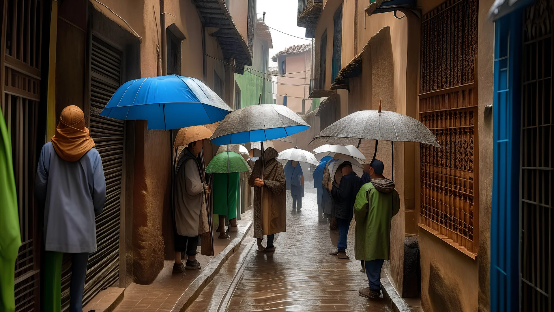 Narrow street of a traditional village on a rainy day, where the many passers protect themselves from the rain with umbrellas