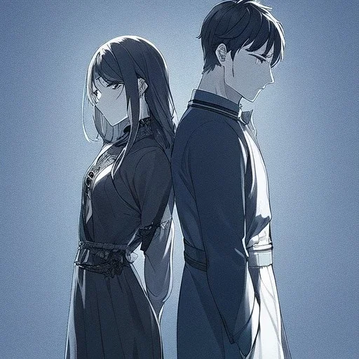 anime couple with day on one side night on the other, stormy night on one half, sunny day on the other half,ballancing scale, couple is standing back to back, color background