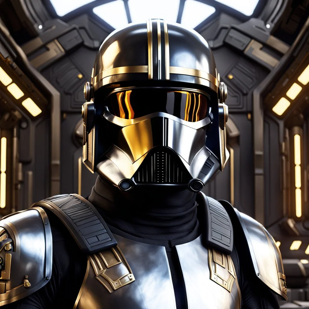 star wars bald male corellian pilot wearing pearlescent black and gunmetal grey First Order special forces heavy assault armor and helmet with gold trim inside the jedi temple, centered portrait, hyperdetailed, dynamic lighting, hyperdetailed background, 8k resolution, volumetric lighting, light skin, fully symmetric details