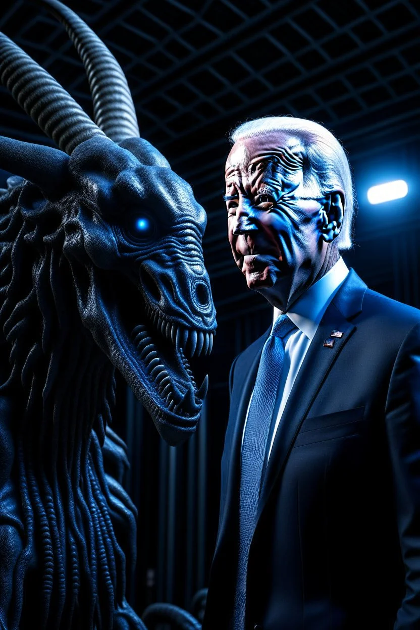 biden as a goat in the style of giger, spraypaint, photorealism, trending on artstation, 8k, depth of field, downlight, lightrays, volumetric, white hall, brown and blue