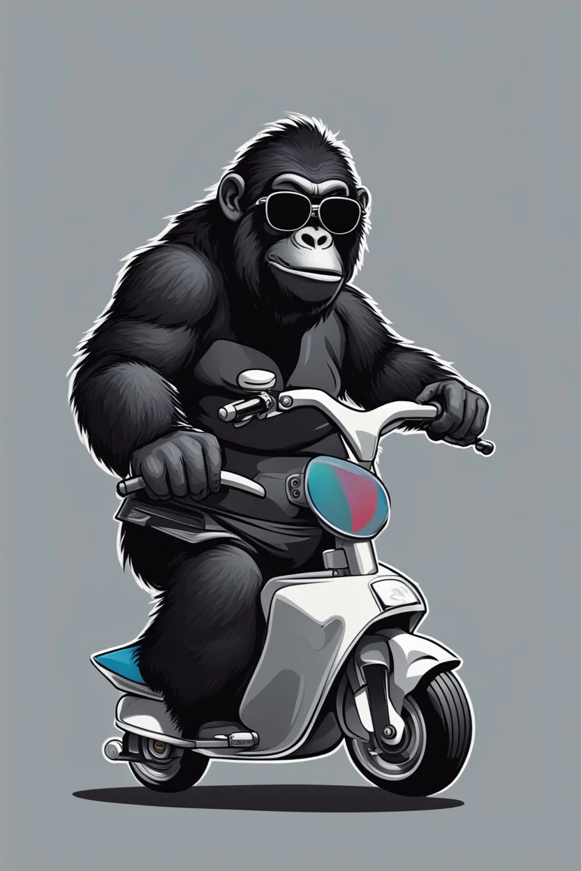 Gorrila riding on a fast scooter, with sunglasses, making a silly face, cartoonize, logo