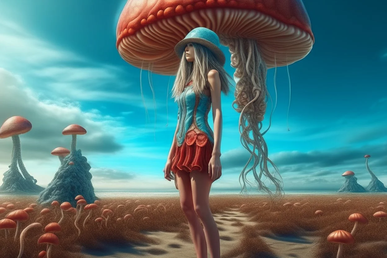 woman in a form-fitting outfit, standing on a beach of an alien world, watching mushrooms with jellyfish tentacles in the sky, photorealistic, Deep Colour, Fantastical, Intricate Detail, sunshine