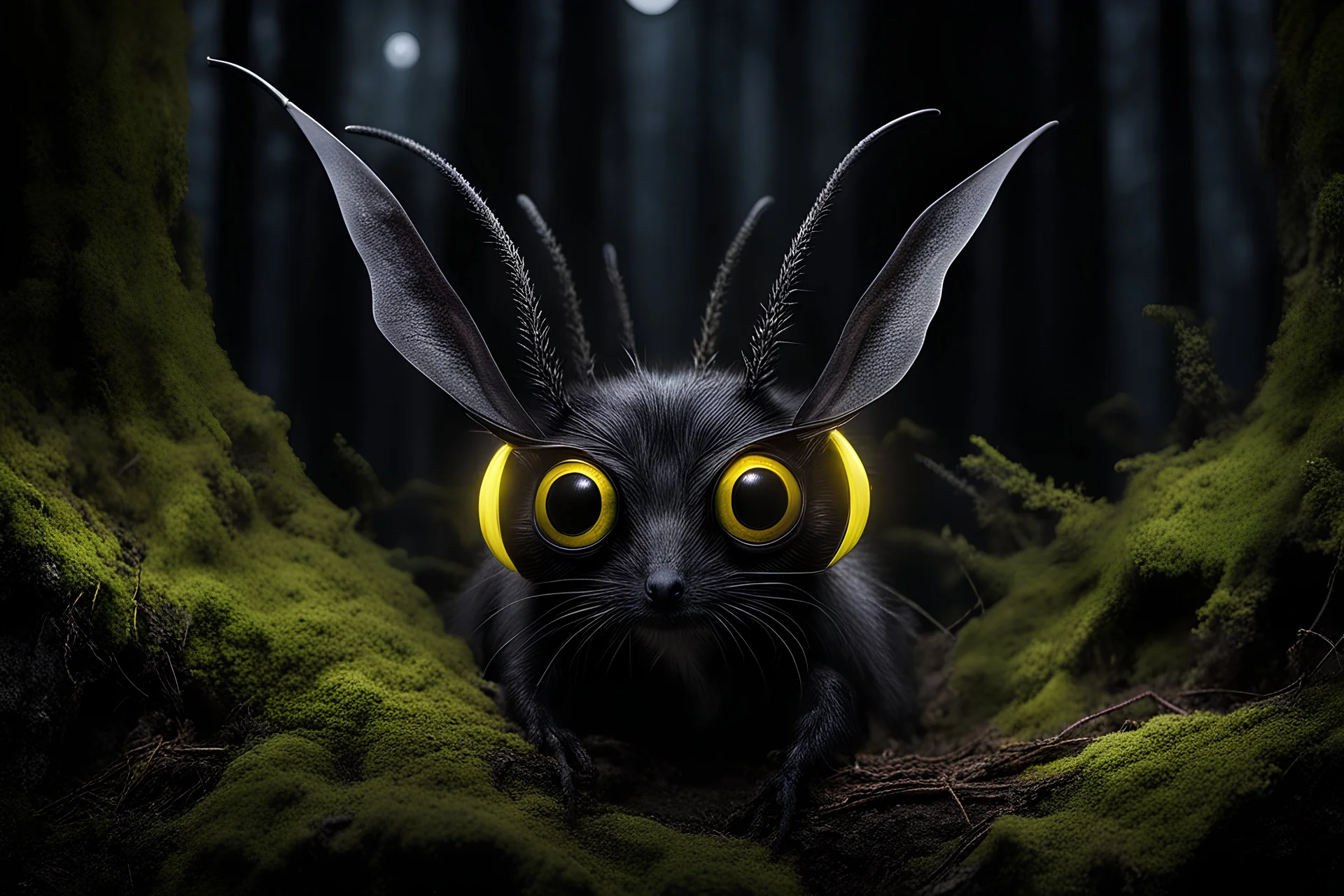 The nocturnal forest creature shown in the picture, the Nosferat, is able to find its way around in the dark (with its two large yellow glowing eyes). On its head, it wears elongated, dark ears and two thin antennae-like hairs, with which it can hear and recognize even the tiniest sounds. A (its body is slender, with smooth black-silver scales), so it can hide very well. It feeds on predatory forest animals and birds, and also sucks their blood. Its two front needle-like teeth help it suck blood