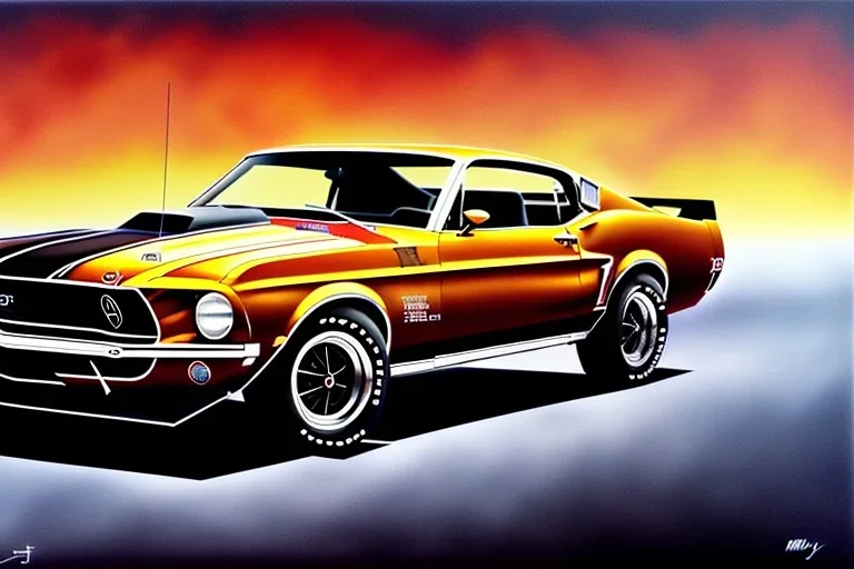 a true-to-life 1969 Ford Mustang Boss 302, centered, intricate, extreme detailed, photorealism, center view, city background, pivot on ford, pen and color marker, painting by cheryl kelley