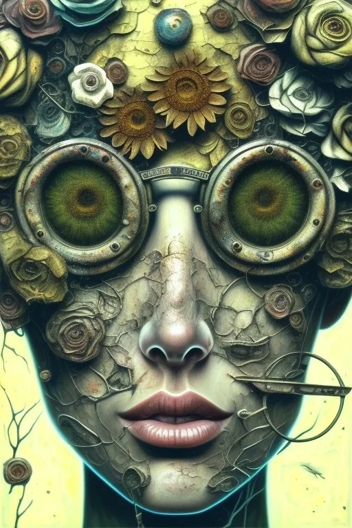 an abstract painting of flowers, by lucian freud and klimpt, rust, scaffolding, iron cladding, decay, mixed media, textured, anatomically correct, beautiful woman perfect face, green eyes, glasses, sharp focus, highly detailed. desolate background