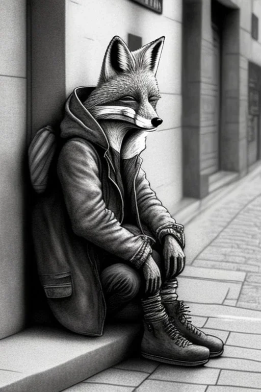 One single mature homeless fox with worn out clothes, sitting in a corner on the street, guitar standing on the left side, Vienna, mourning, model style, hyper realistic, extremely accurate, delicate, extremely detailed, Graphic novel style, wide-angle, open aperture, superfine pencil