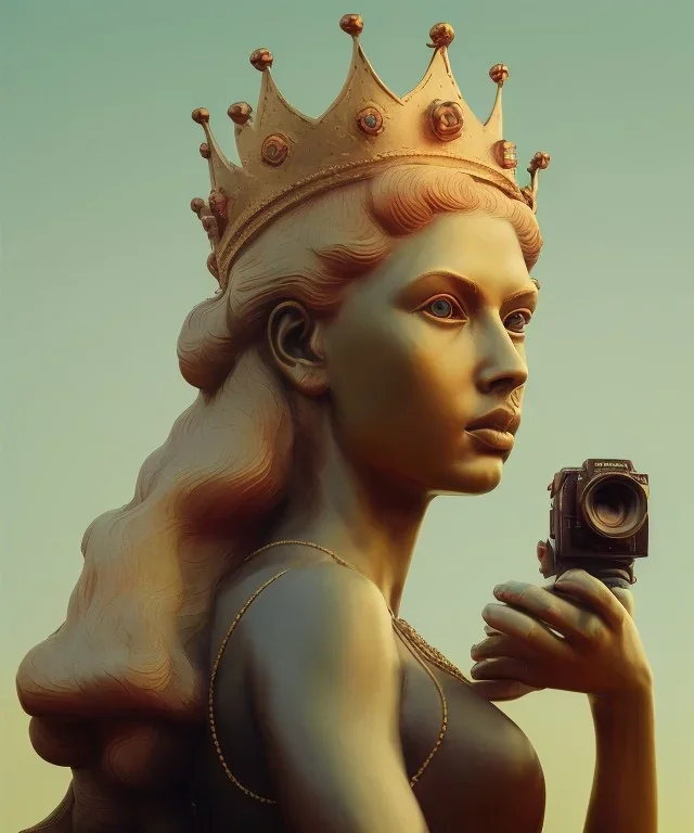 Statue of Queen of photography. Cute blonde woman. Photographer in golden crown. Standing on the street. Big camera in her hand. hyperdetailed, photorealistic, trending on artstation, greg rutkowski, beksinski, kodachrome