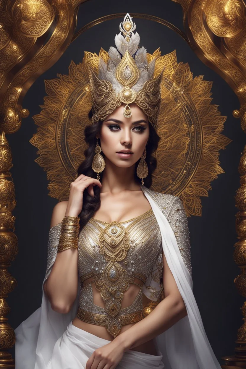 Beautiful Goddess Photo Portrait Fantasycore Artwork, fullbody,wearing traditional golden silver ornaments dress ,Intricate Photography, A Masterpiece