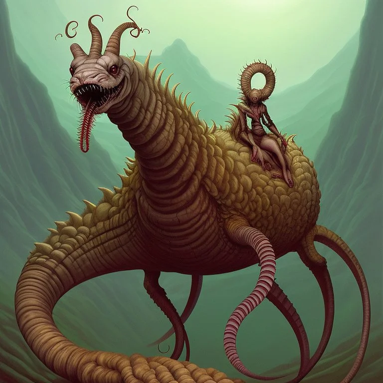 in style of Daniel Merriam, mongolian death worms, writhing, sinister, mortal pangs of scenic solitude, dreamscape, surreal