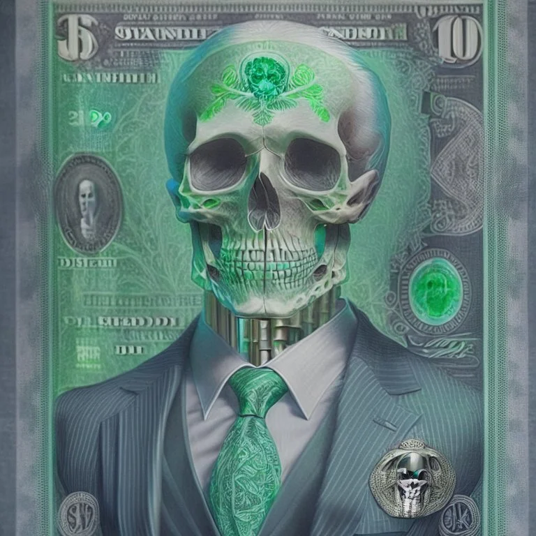 a head and shoulders portrait of a skeleton dressed in a three-piece suit as the president of the united states, based on us currency, united states one dollar bill, shades of green, real-life, colors match the united states one dollar bill, realistic, robotic,