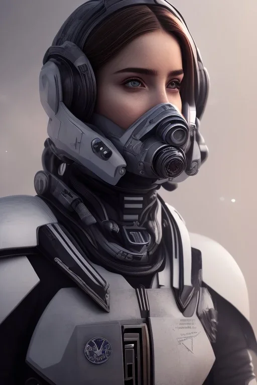 Ana de Armas, identical features, Black intergalactic pilot suit, portrait, bright white eyes, wearing high tech pilot breathing mask, beautiful face, white smoke, dark, rage, sorrow, high definition, ultra 8 k, volumetric lighting, blue fire, fog