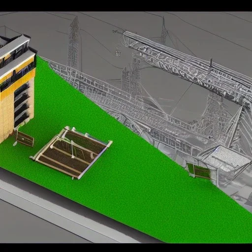 3D miniature cross-section square with construction site, a crane and some trees and a waterfall