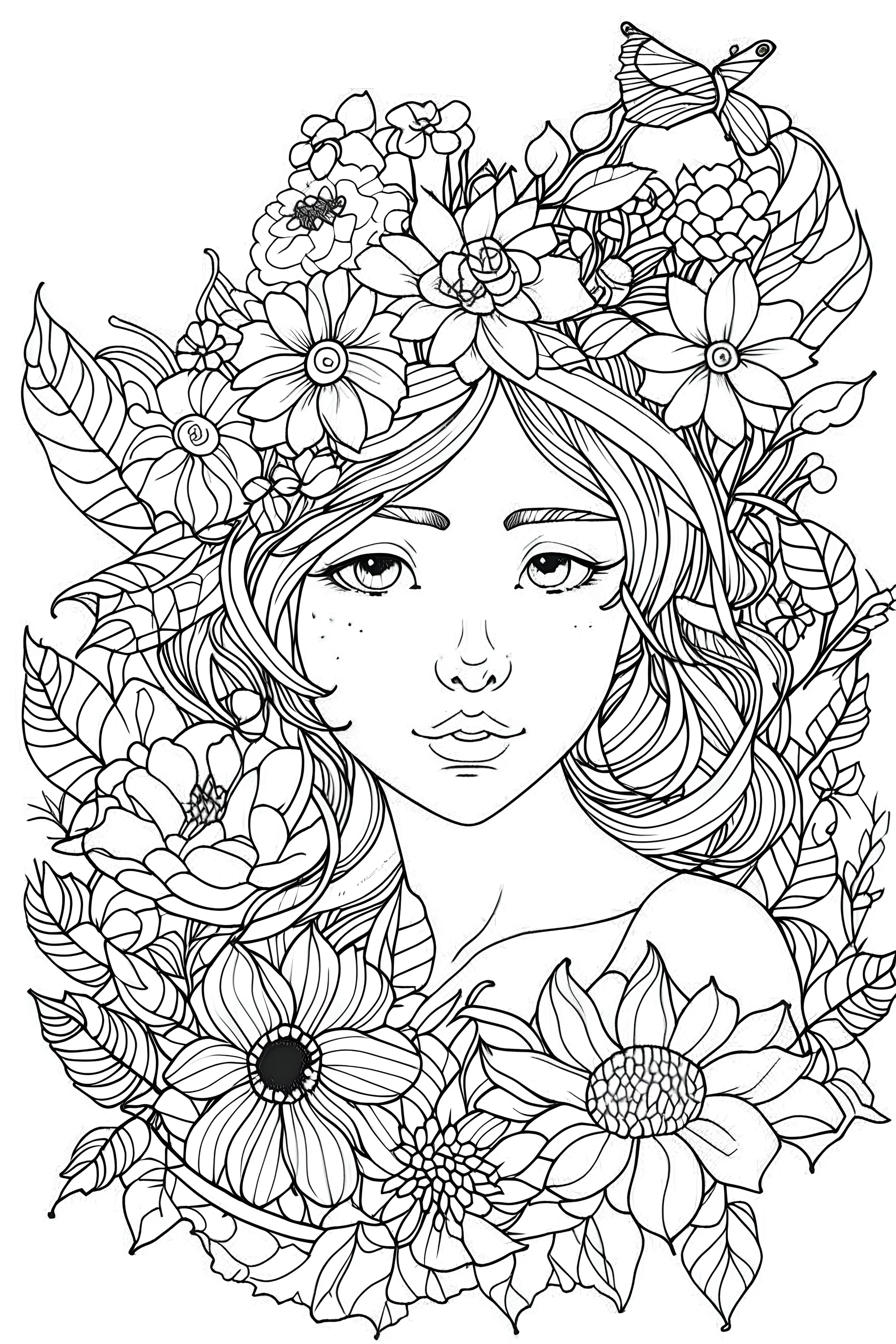 outline art for square woman flowers crown coloring page for kids, classic manga style, anime style, realistic modern cartoon style, white background, sketch style, only use outline, clean line art, no shadows, clear and well outlined