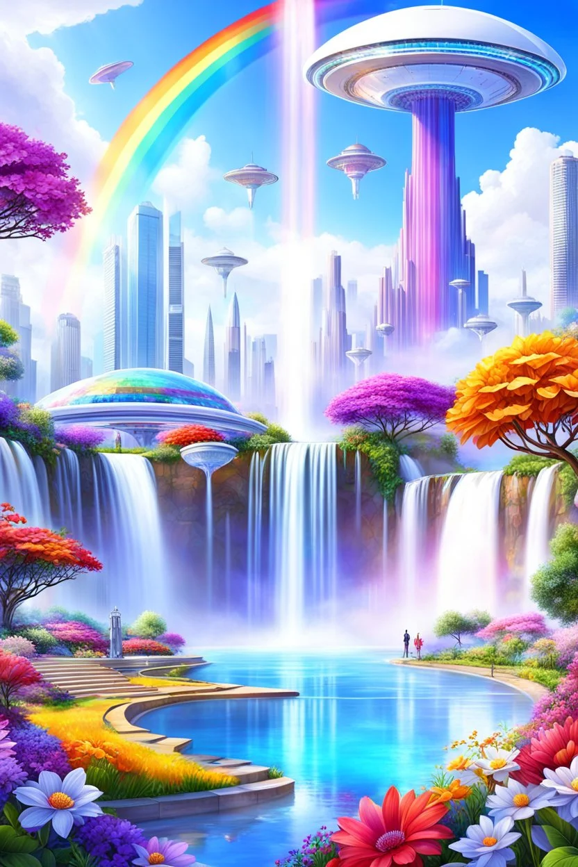 very beautiful, ,flowers, garden,rainbow, cité futuriste ultra moderne, ufos, cascade colorée, dômes