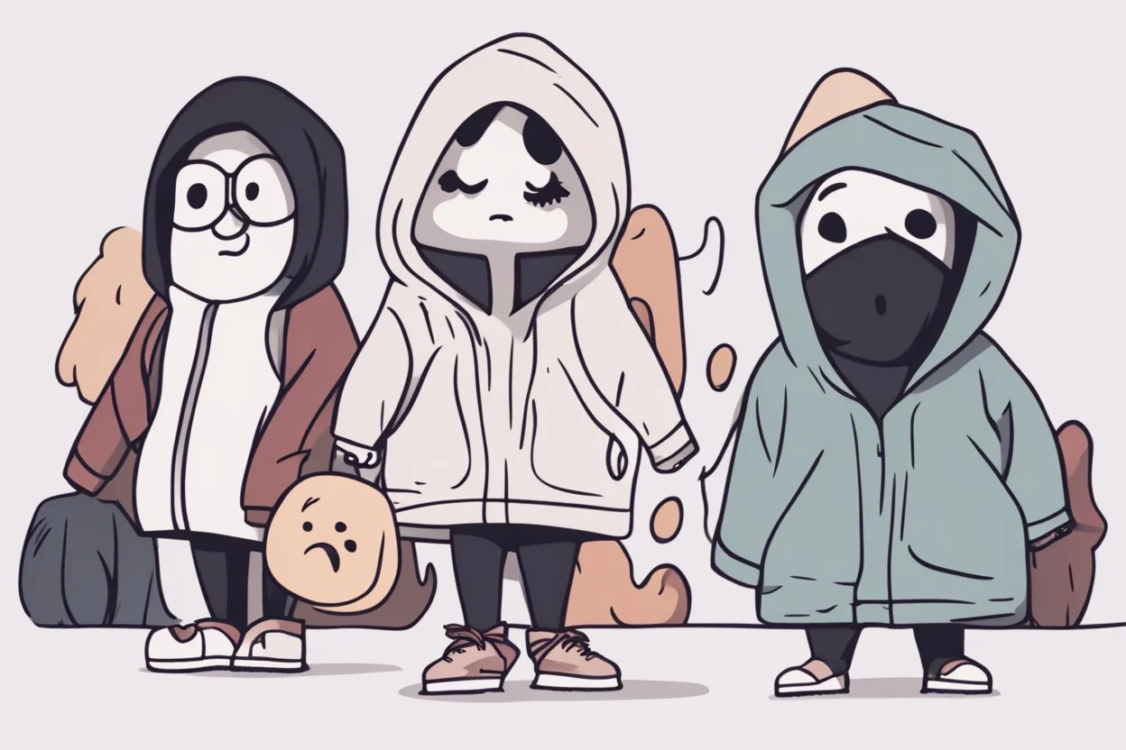 6 simple shaped hand drawn cartoon characters that are cute dark and have hoodies