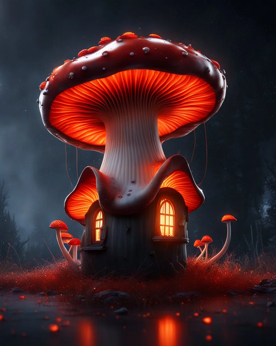 A solitary floating mushroom house on a clear night. silver and orange and red, Dark cosmic interstellar. Detailed Matte Painting, deep color, fantastical, intricate detail, splash screen, hyperdetailed, insane depth, concept art, 8k resolution, trending on Artstation, Unreal Engine 5, color depth, backlit, splash art, dramatic, High Quality Whimsical Fun Imaginative Bubbly, perfect composition