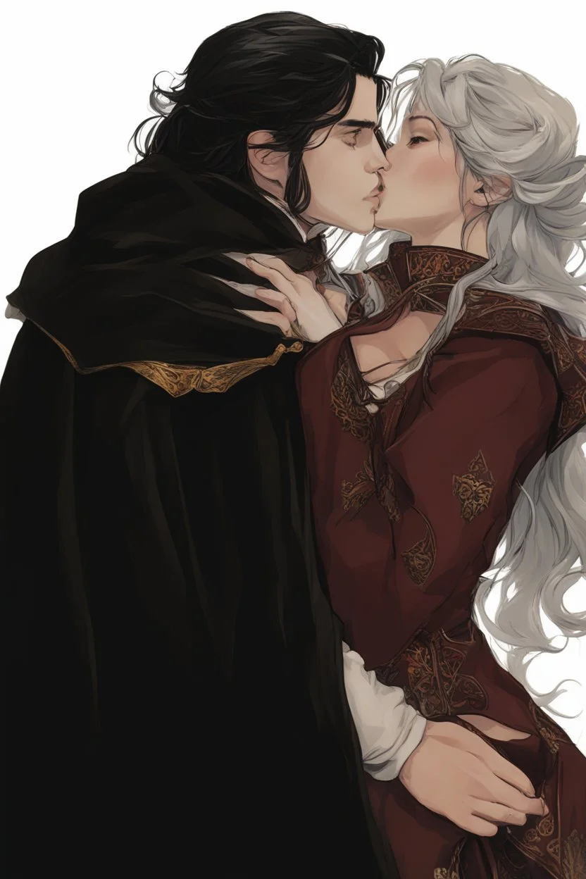 Couple from dnd passionate kissing, woman with white hair wearing a dress, man with long black hair tunic and red cloak.