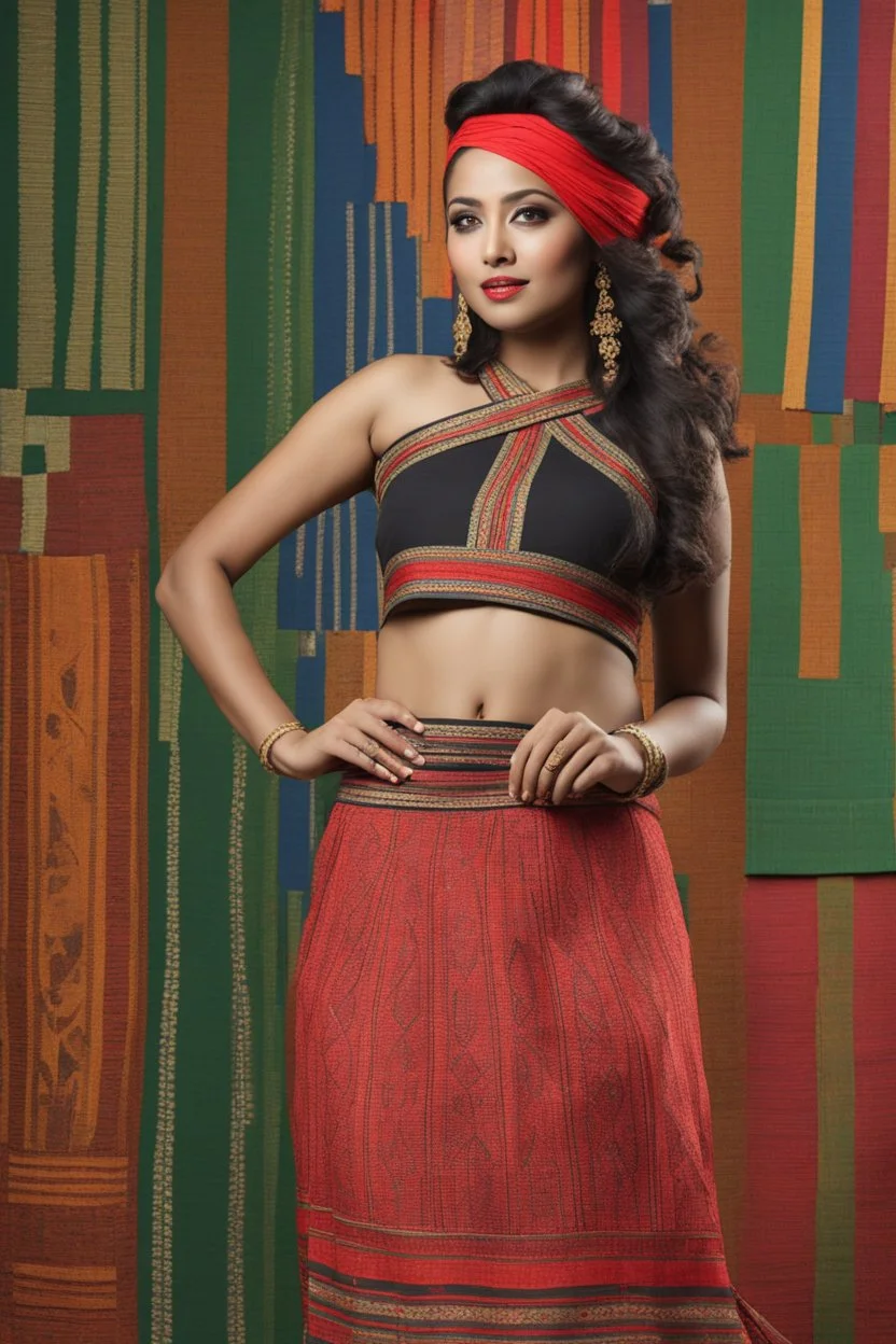 Aesthetic, 3D, Digitized, Hyper realistic, Surreal, Mesmeric, "Assamese Ethnic Tribal / Traditional Woven Women Attire" & Textile (Handloom) Industry themed Mekhela Chador (The bottom half of this distinct dress is called the 'Mekhela ', a round fit used waist downwards over a petticoat) designs, **Featured Designs:** A passionate educator who uses fashion as a tool for cultural exchange, showcasing the beauty and diversity of Assamese woven textiles to a global audience. **Appearance:** fiction