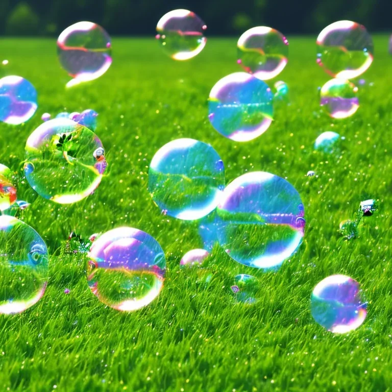 Soap bubbles on grass and happy people