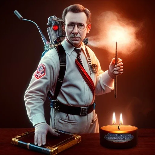 smoke bust of the ghost of a ghostbuster busted for smoking, ancient, magic,on dark wooden table with drinking glass,compass,brilliance, candle, , movie poster