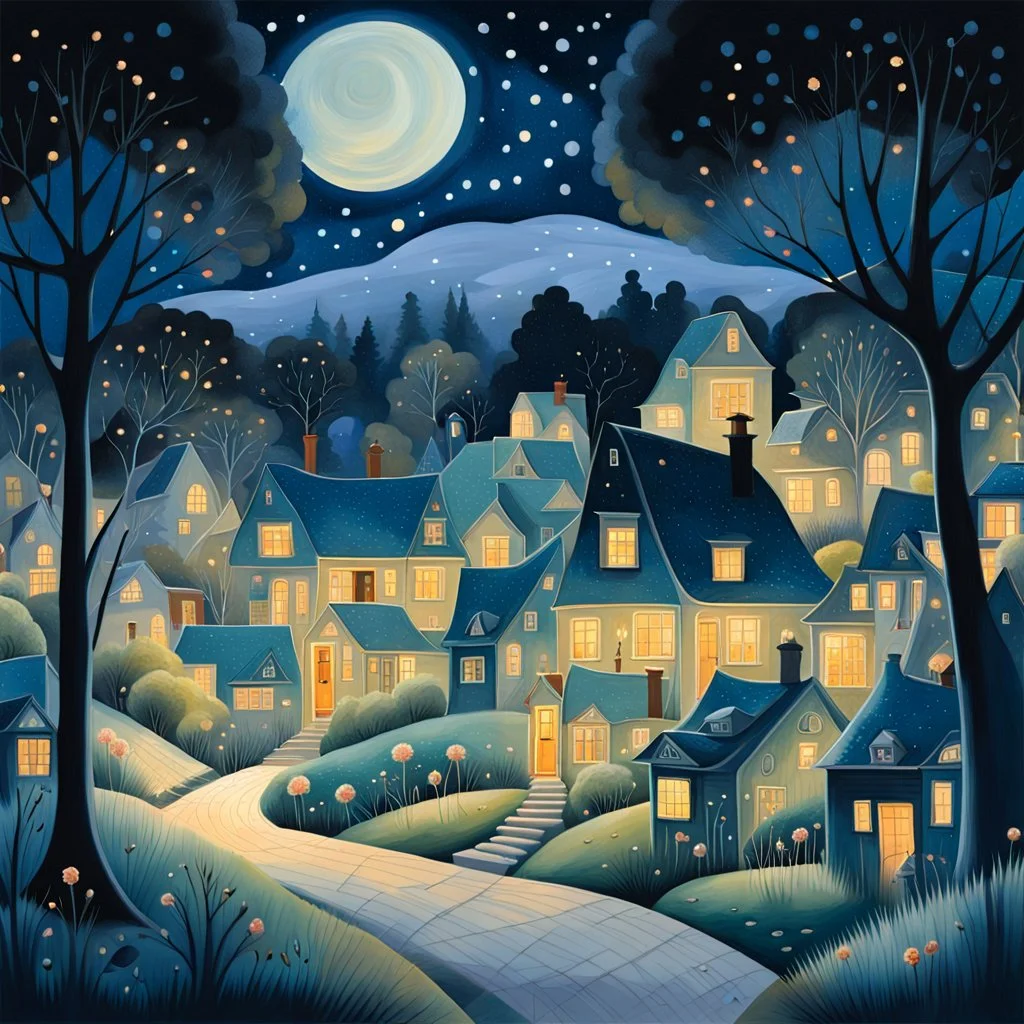 a painting of a night scene with houses and trees, a storybook illustration by Annabel Kidston, shutterstock contest winner, naive art, detailed painting, cityscape, storybook illustration