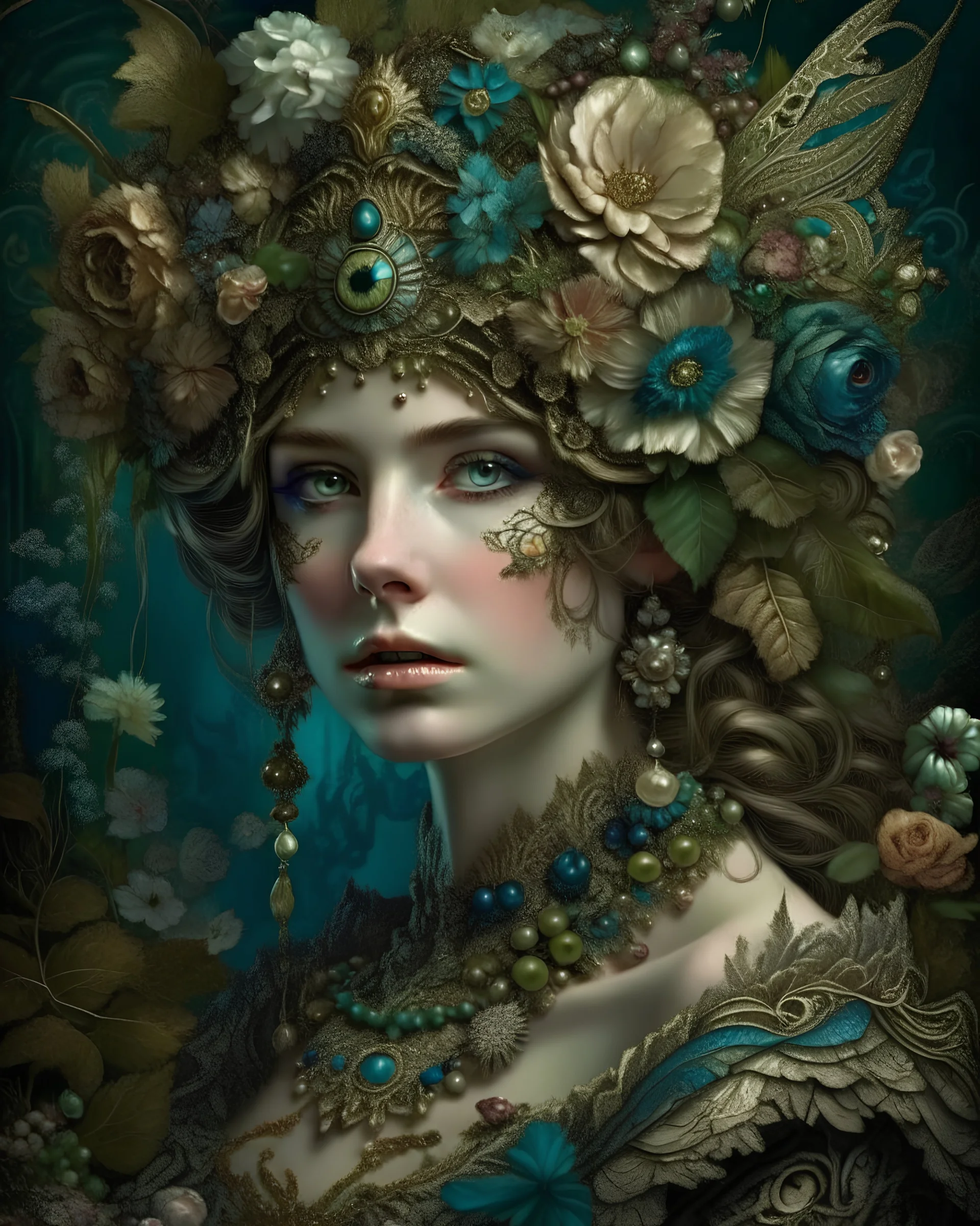 Beautiful young faced woman adorned with garden. Pándy flower rcoco venetian metallic filigree decadent samanism garden pasi rhinesstone covered floral headress ornated woman portrait wearing venetian face masque and floral filigree embossed dress voidcore decadent organic bio spinal ribbed detail of ribbed mineral stones extremely detailed hyperrealistic maximálist concept art rococo portrait art