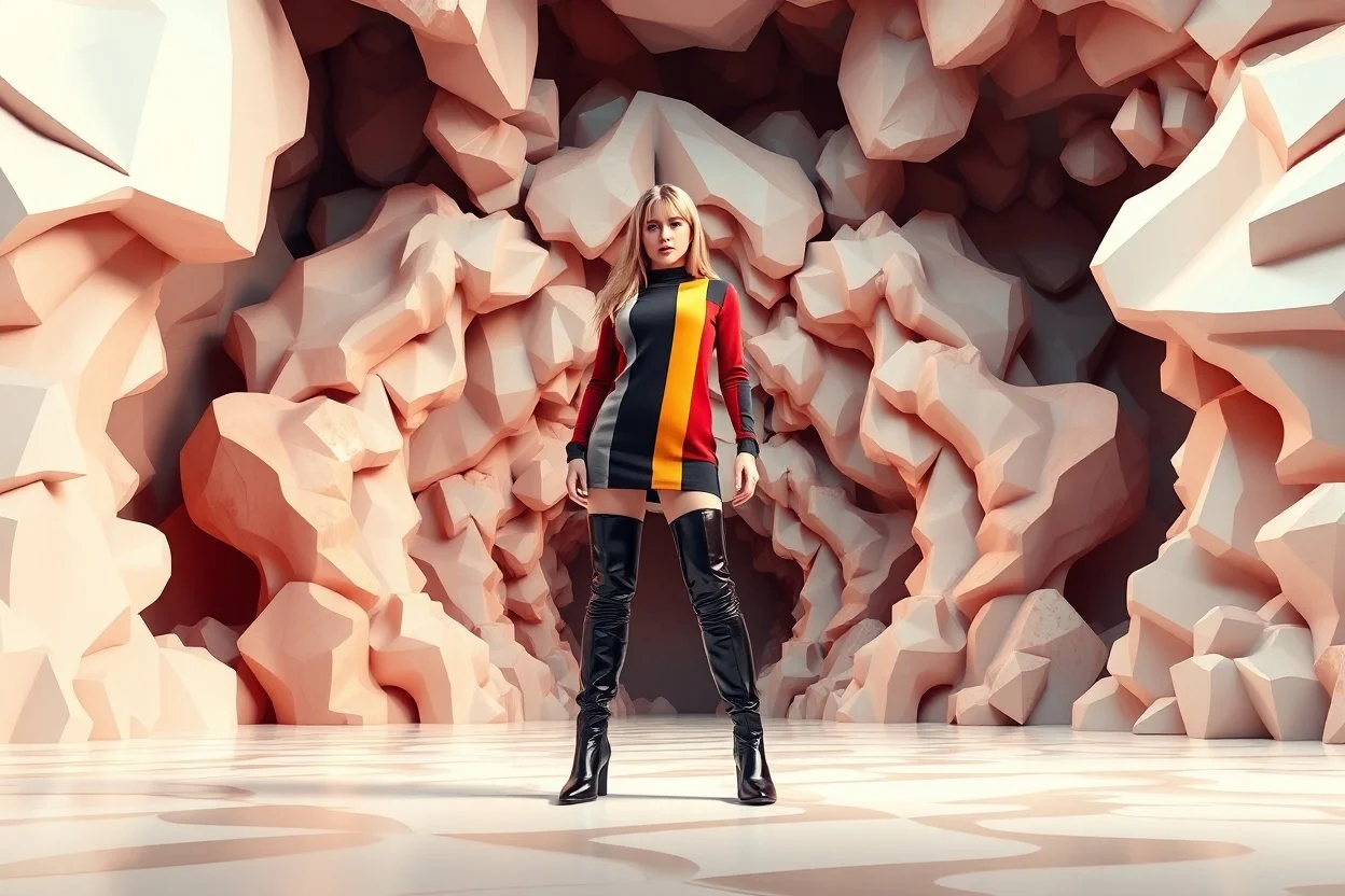 beautiful full body with long boots lady in surreal stage made of fractal random size polygonal recursive 3d objects contrasting color strips in clothing similar to environment full body posing to camera,infinite world of strange