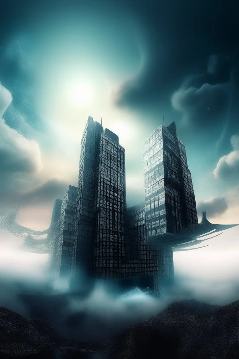 The future modern buildings in another dimension surrounded with stars and clouds and fogs, Busch painting nightmare style , 3D , scary, magical, mysterious