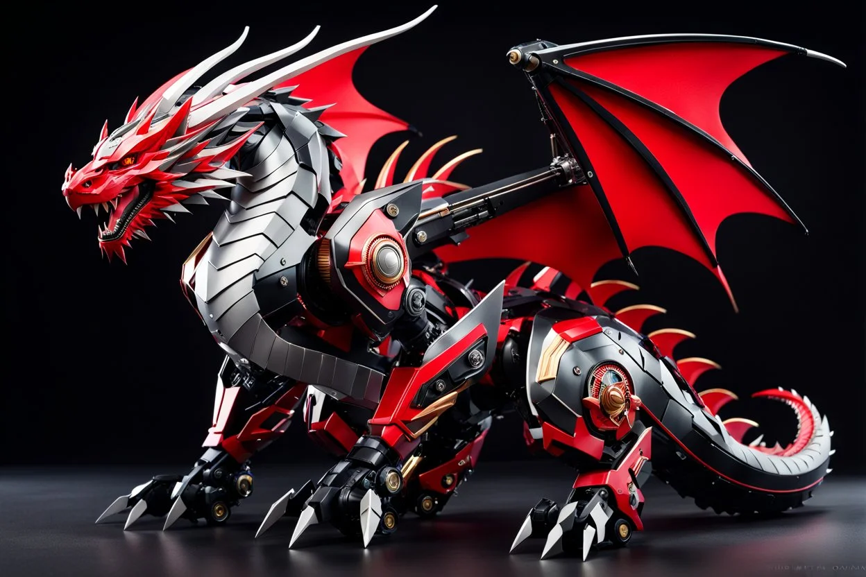 big dragon robot with black and red color schemes, in the style of fairy academia, hard-edge style, agfa vista, dynamic pose, oshare kei, hurufiyya, rtx, close picture, intricate details, highly detailed, high details, detailed portrait, masterpiece,ultra detailed, ultra quality