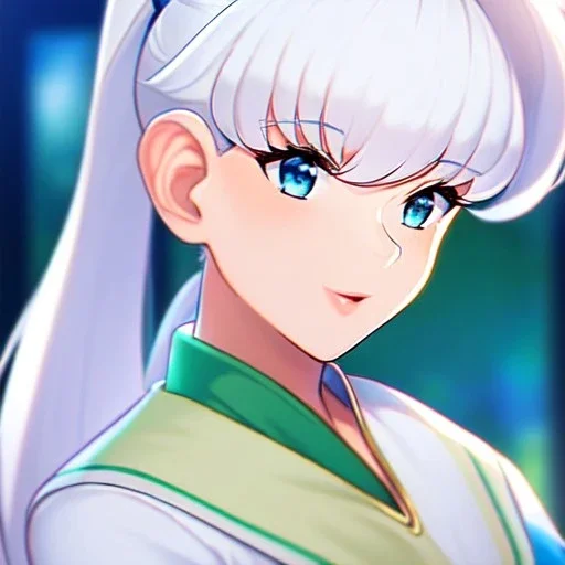 Clear focus, 8k, Elf, ranma drawing style, White hair, ponytail, hair in between the eyes, up close,