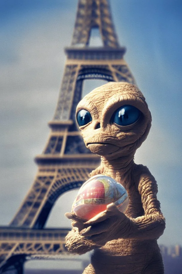 E.T. holding an Easter egg in front of the Eiffel Tower