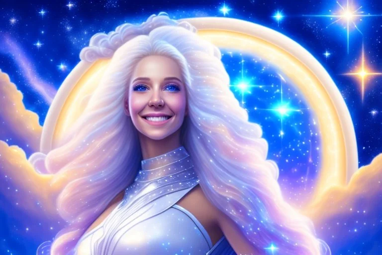 very beautiful cosmic women with white long hair, smiling, with cosmic dress and in the background there is a spaceship with light below and a bautiful sky with stars and light beam